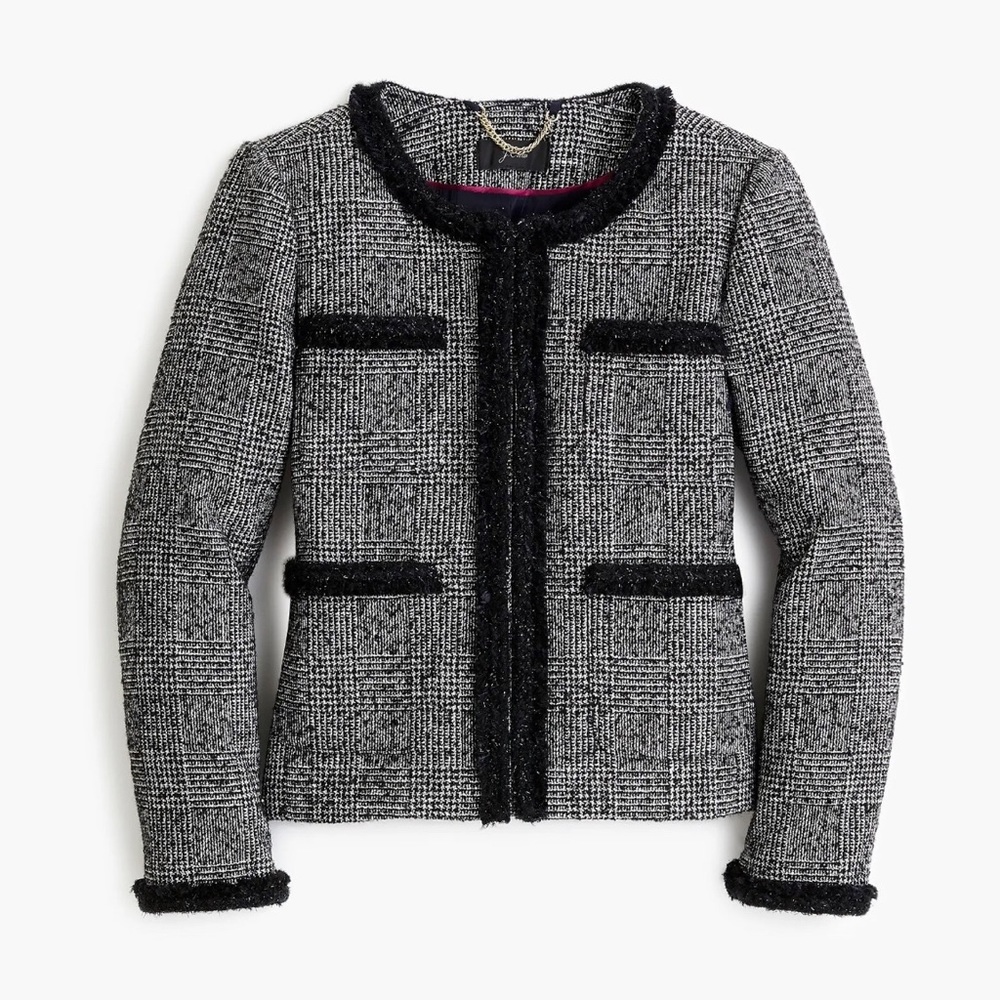 J.Crew Women's Glen Plaid Braided Trim Tweed Jacket Black/White